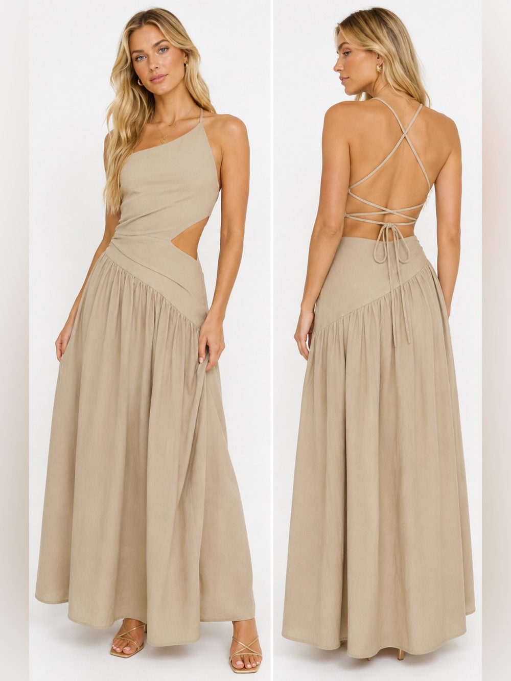 Asymmetrical Khaki Tan Maxi Dress